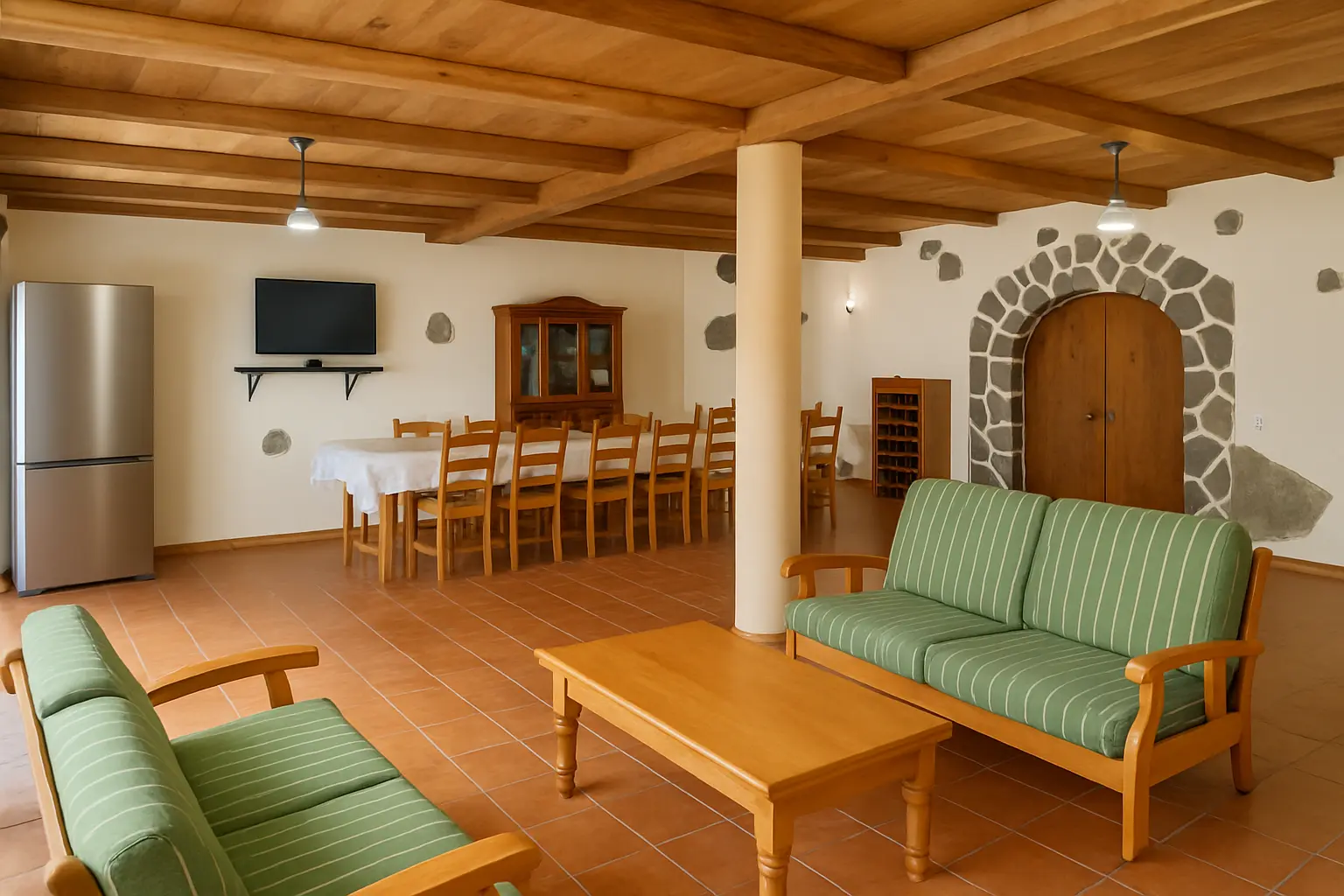 Festsaal mit langer Tafel, Sitzecke und Weinkeller-Zugang