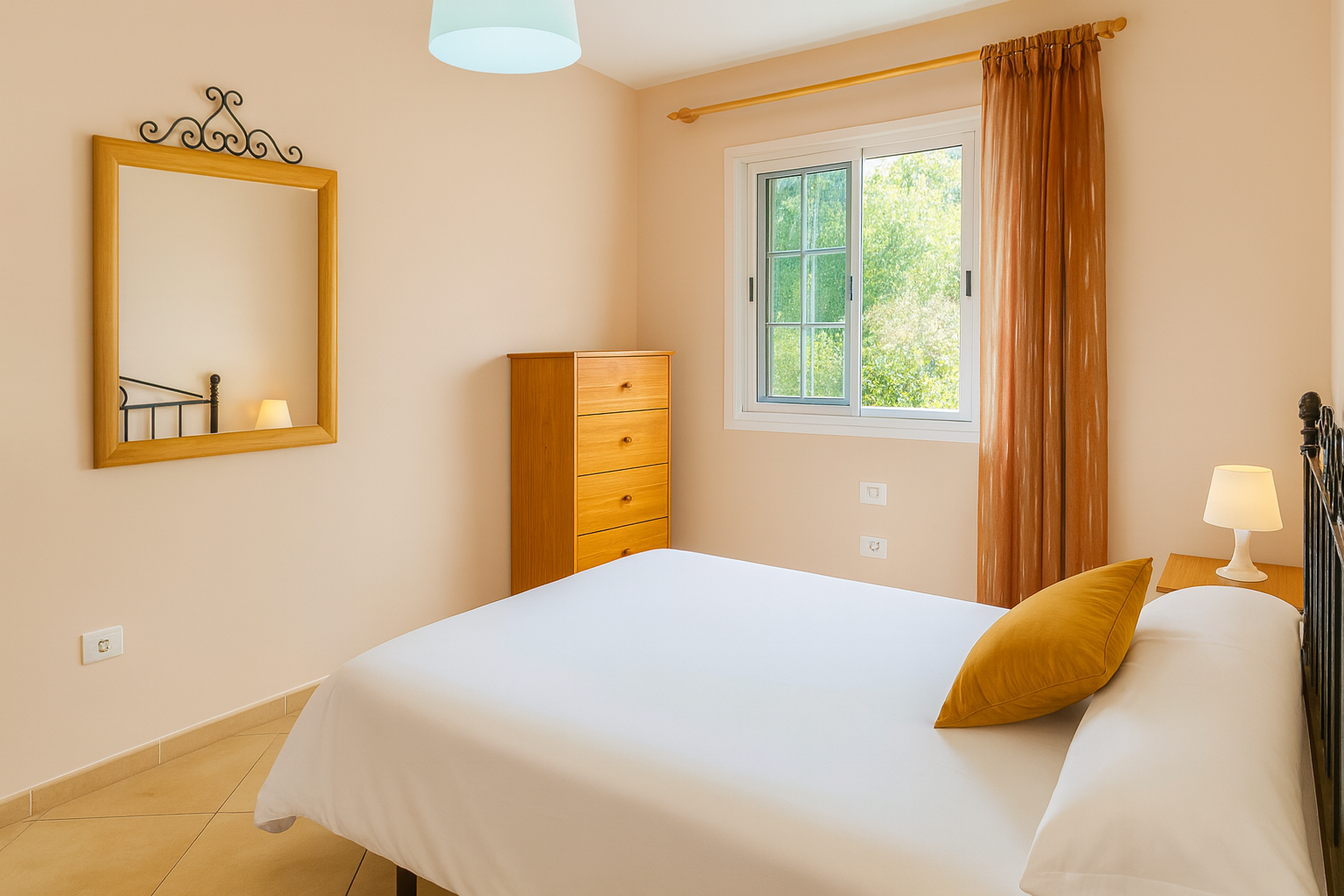 Schlafzimmer mit Doppelbett, Kommode und Spiegel