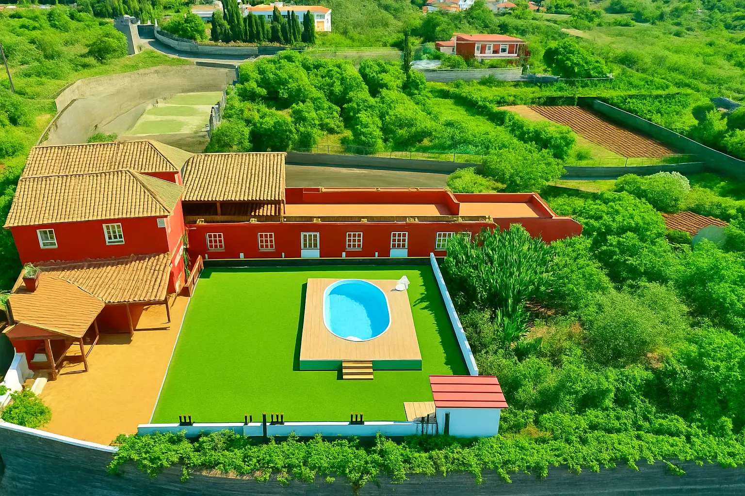 Luftaufnahme der Finca mit Pool und Innenhof