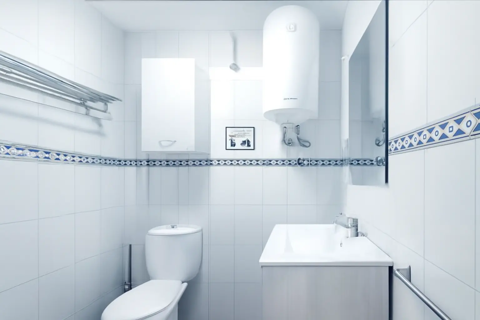 Helles Duschbad mit WC, Waschtisch und Spiegel