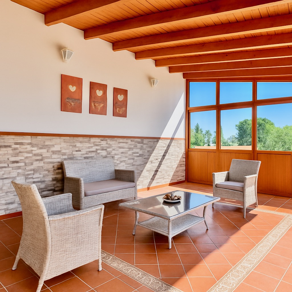 Überdachte Terrasse mit Korbmöbeln und Panoramafenstern