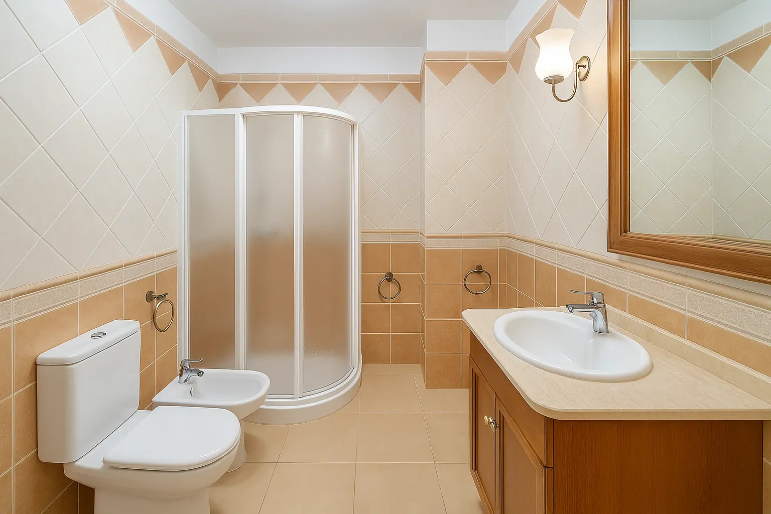 Badezimmer mit Dusche, Bidet und großem Spiegel