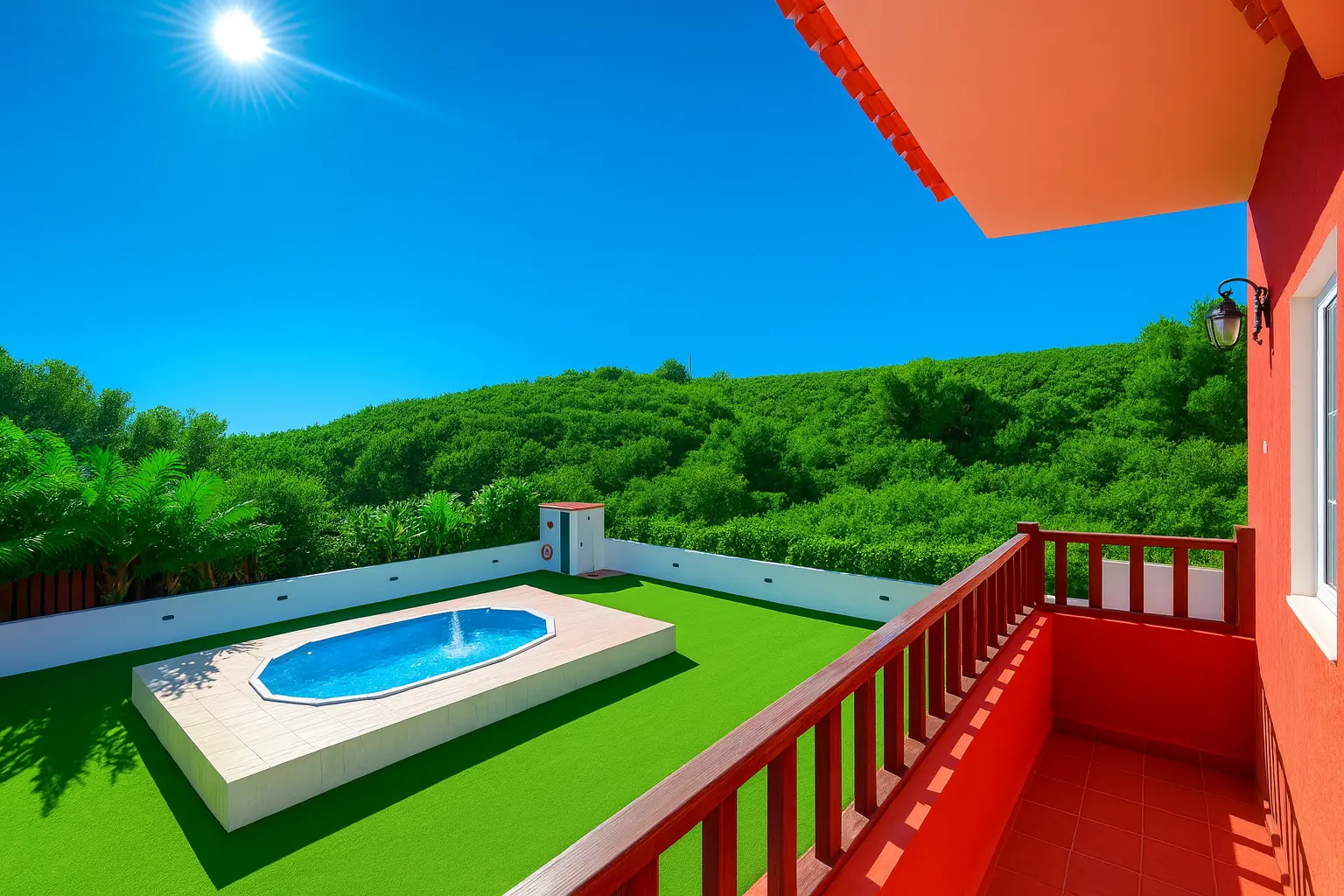 Poolbereich mit Rasen und Sonnenterrasse
